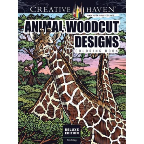 Creative Haven Deluxe Edition Animal Woodcut Designs Coloring Book Striking Designs on a Dramatic Black Background - Creative Haven